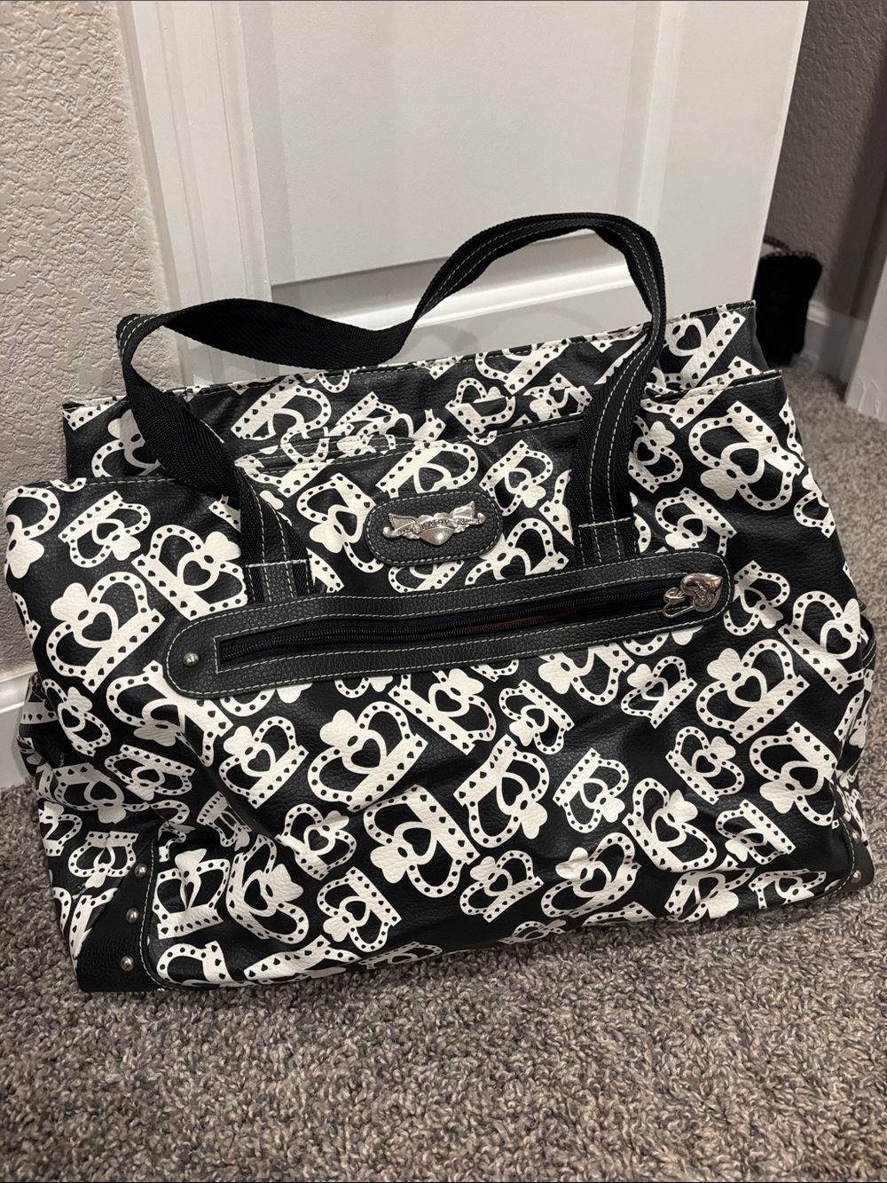 Kathy Van Zeeland Black and White Heart Print Duffel Bag